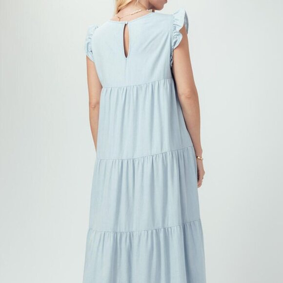 Casual Sleeveless Denim Maxi Dress - Babydoll Ruffle Long Dress - Picture 5 of 6
